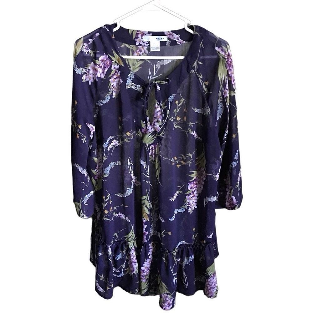 WD NY woman purple floral top blouse Size 1X plus size semi sheer ruffle ties
